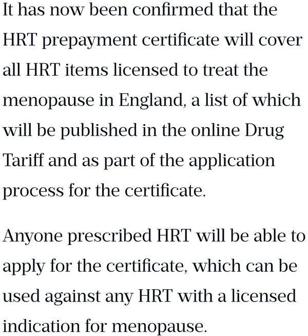 England: HRT Prepayment Certificate update